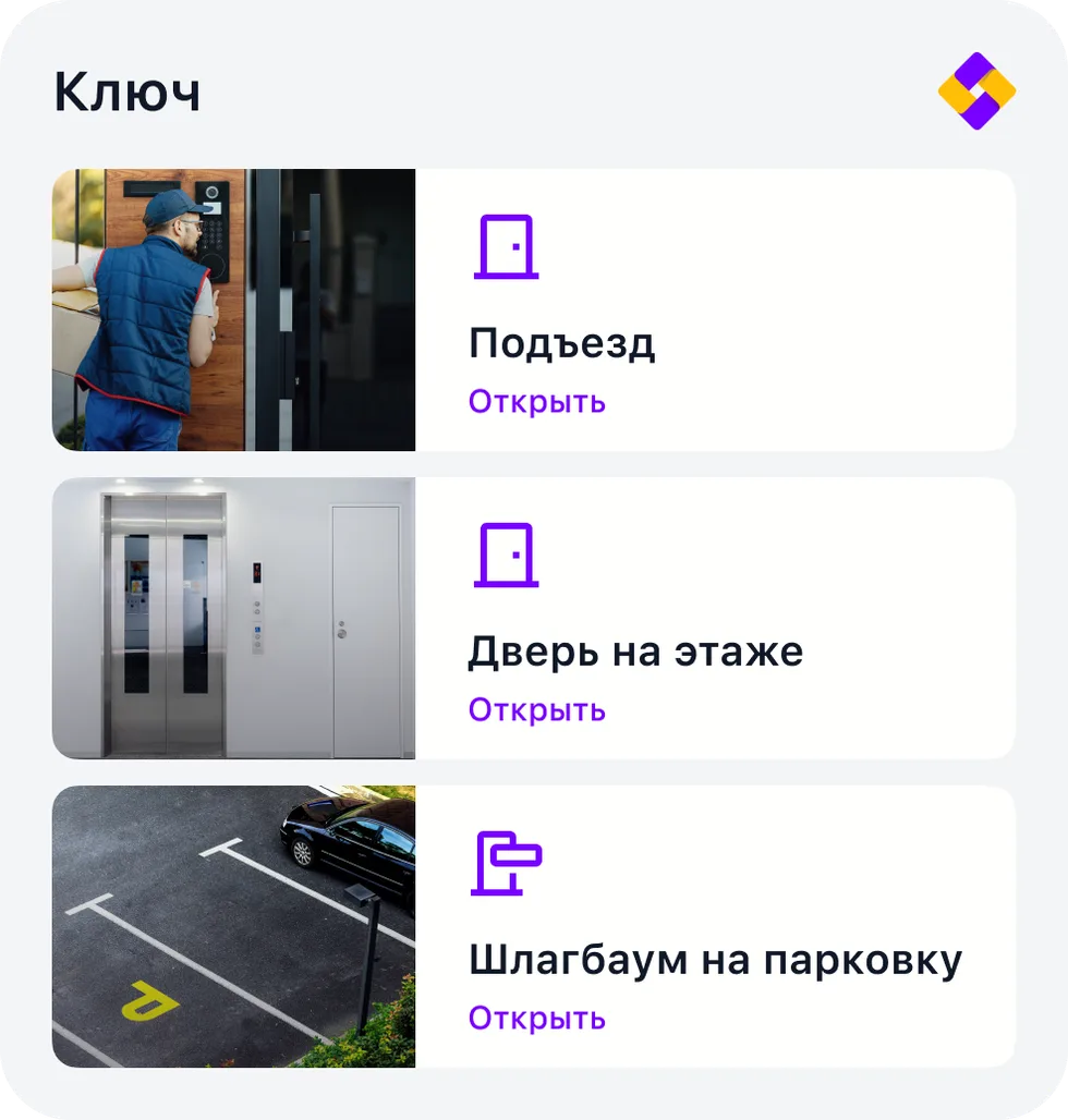 Список дверей в приложении: подъезд, калитка и ворота с кнопками открытия