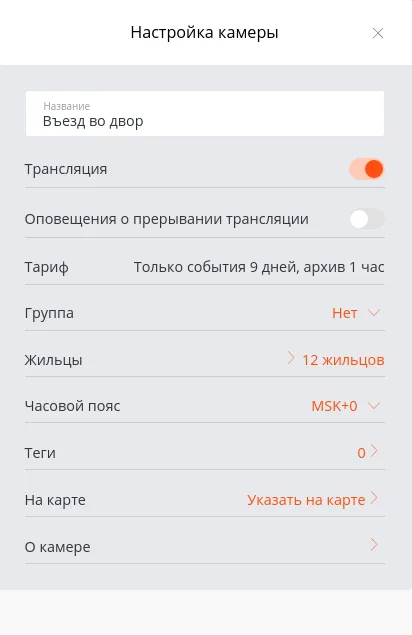 Окно настроек RTSP-камеры