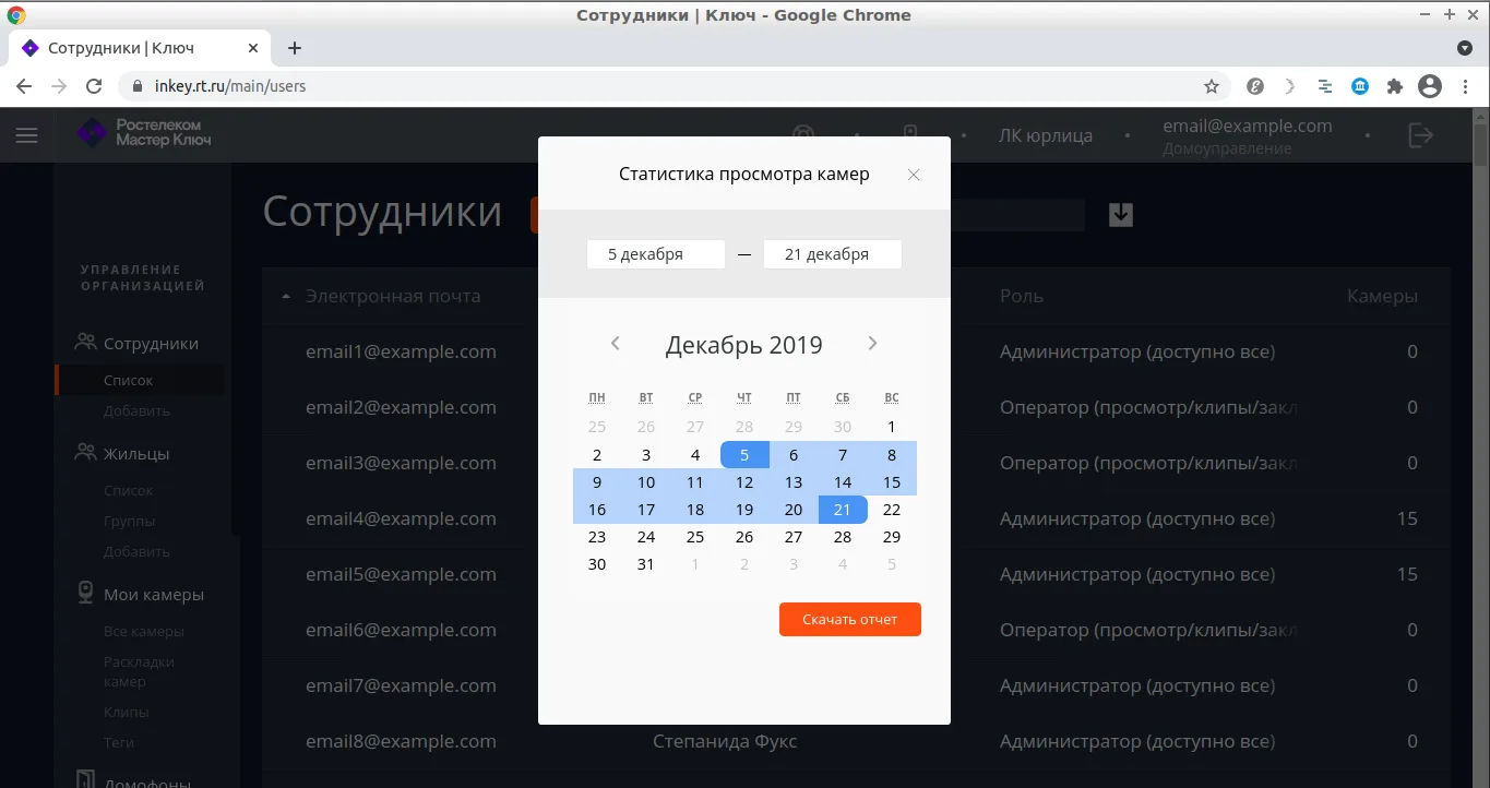 Статистика просмотра камер, выбор периода отчёта
